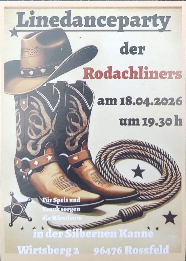 Linedanceparty-Ankündigung mit Cowboy-Stiefeln und Zubehör, Datum 18.04.2026.